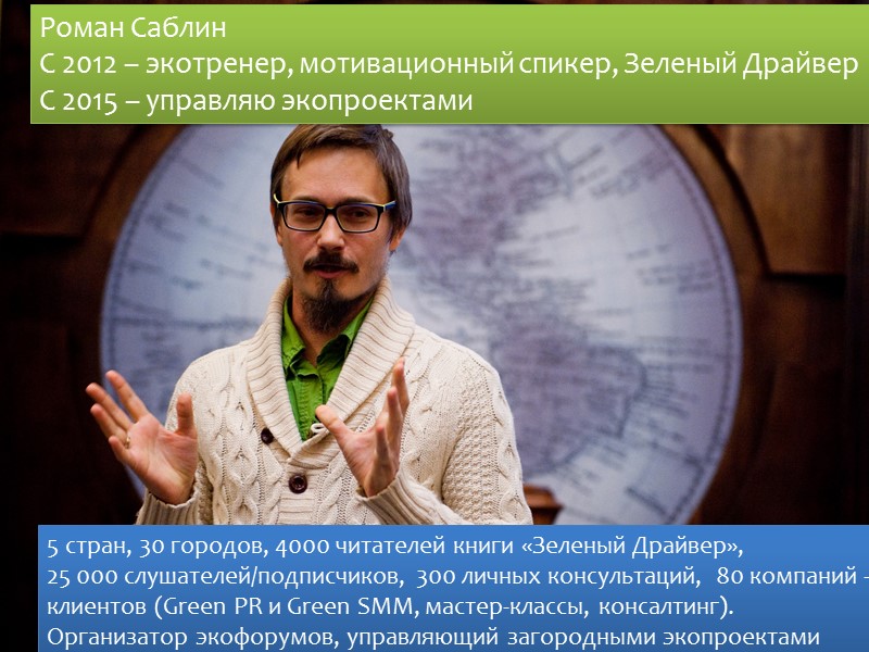 5 стран, 30 городов, 4000 читателей книги «Зеленый Драйвер»,  25 000 слушателей/подписчиков, 300